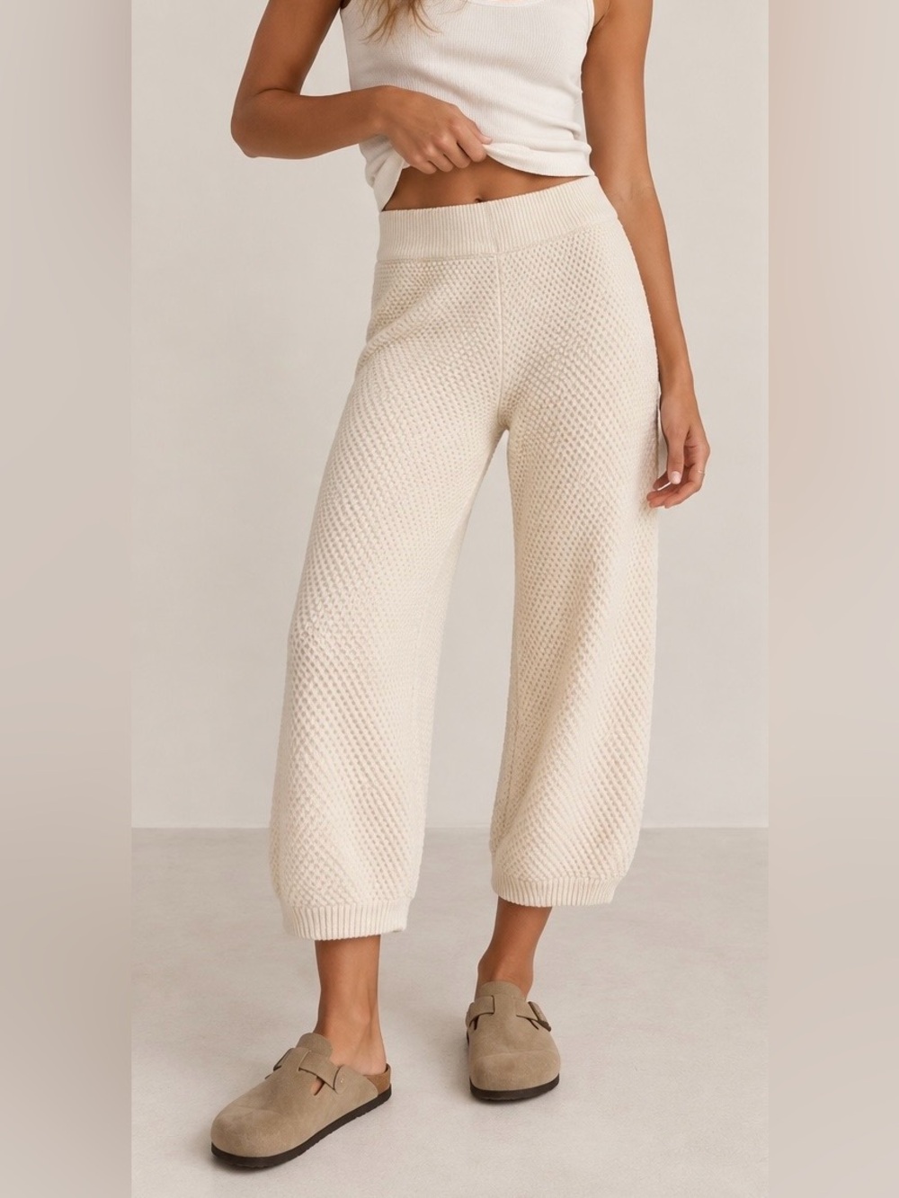 Free People FP Beach Textured Knit Pants Cream Wide Leg M